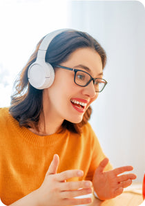 woman happily attending online meeting